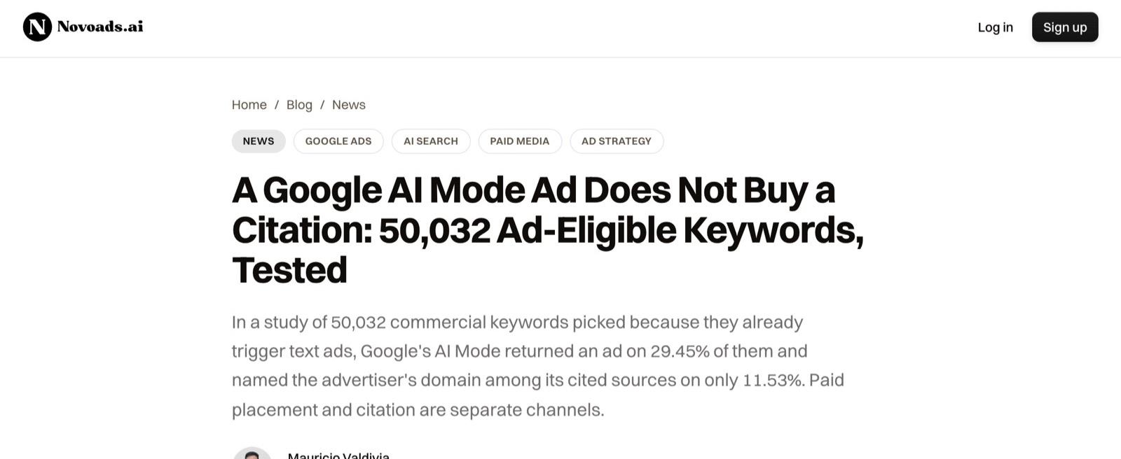 Real article published by the engine on novoads.ai: A Google AI Mode Ad Does Not Buy a Citation, 50,032 Ad-Eligible Keywords, Tested